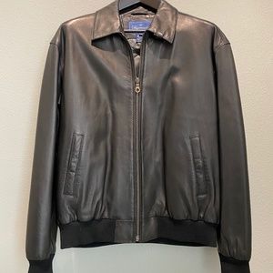 MEN’S LARGE FACONNABLE BLACK LEATHER BOMBER JACKET